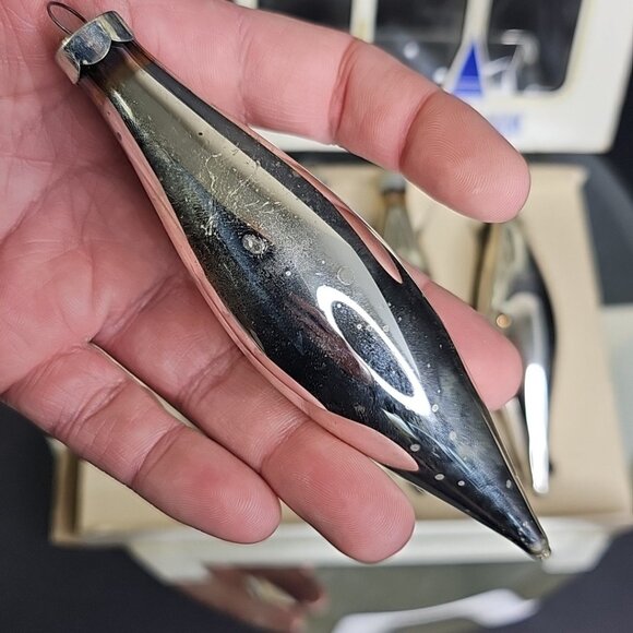 Vintage Glass Christmas Ornaments Teardrop Silver Oblong With Box Made In USA - Picture 4 of 10